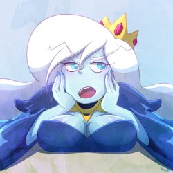 Rule 34 | 1girl, adventure time, blue eyes, blue skin, breasts, cleavage, colored skin, ice queen (adventure time), large breasts, open mouth, solo, white hair