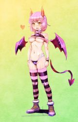 Rule 34 | 1girl, bare shoulders, bow (bhp), breasts, demon girl, demon tail, demon wings, fang, full body, gradient background, heart, highres, horns, medium breasts, navel, orange eyes, original, pink hair, shoes, short hair, sketch, sneakers, solo, striped clothes, striped thighhighs, tail, thighhighs, underboob, wings