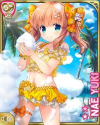 Rule 34 | 1girl, barefoot, beach, bikini, blue eyes, bow, brown hair, character name, closed mouth, day, flower, girlfriend (kari), hair bow, holding, long hair, ocean, official art, orange bikini, orange bow, orange skirt, outdoors, outstretched arm, qp:flapper, ribbon, skirt, sky, smile, soap bubbles, solo, standing, sunflower, swimsuit, twintails, yuuki nae