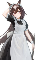 Rule 34 | 1girl, absurdres, alternate costume, animal ears, apron, arm behind head, brown eyes, brown hair, cha seiga, dress, ear covers, enmaided, frilled apron, frills, hair between eyes, highres, holding, horse ears, horse girl, long hair, maid, maid apron, maid headdress, multicolored hair, puffy short sleeves, puffy sleeves, short sleeves, simple background, single ear cover, sirius symboli (umamusume), solo, two-tone hair, umamusume, very long hair, white background, white hair
