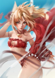 Rule 34 | 1girl, absurdres, animal ears, bell, bra, breasts, cat cutout, cat ears, cat lingerie, cat tail, choker, cleavage, clothing cutout, collar, fate/apocrypha, fate/grand order, fate (series), green eyes, highres, looking at viewer, meme attire, mordred (fate), mordred (fate/apocrypha), navel, neck bell, panties, red bra, red panties, short hair, small breasts, smile, solo, tail, underwear, yosanann