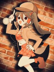 Rule 34 | 1girl, :d, alternate costume, alternate hairstyle, ascot, black eyes, boots, breasts, brick wall, brown hair, brown hat, coat, collared shirt, commentary request, cookie (touhou), cropped vest, deerstalker, detective, empty eyes, eyes visible through hair, foot out of frame, hair between eyes, hakurei reimu, hat, highres, hitsuji tamura, holding, holding magnifying glass, index finger raised, long bangs, long hair, looking at viewer, magnifying glass, medium breasts, noel (cookie), open clothes, open coat, open mouth, plaid, plaid vest, red footwear, red skirt, red vest, shirt, sidelocks, skirt, smile, solo, touhou, twintails, vest, white shirt, yellow ascot