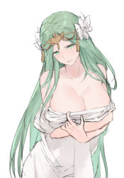 Rule 34 | 1girl, bare shoulders, breasts, cleavage, dress, female focus, fire emblem, fire emblem: three houses, flower, green eyes, green hair, hair flower, hair ornament, highres, kisetsu, large breasts, long hair, matching hair/eyes, nintendo, parted lips, rhea (fire emblem), simple background, solo, upper body, white background, white dress
