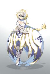 Rule 34 | 1girl, blonde hair, blue eyes, braid, braided ponytail, breasts, dress, egg, fate/apocrypha, fate/grand order, fate (series), grey thighhighs, hair between eyes, hairband, headpiece, highres, holding, holding egg, jeanne d&#039;arc (fate), jeanne d&#039;arc (lostroom outfit) (fate), jeanne d&#039;arc (ruler) (fate), kabutomushi s, long hair, looking at viewer, official alternate costume, ponytail, shadow, simple background, solo, standing, standing on one leg, thighhighs, white background