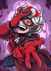 Rule 34 | 1girl, beelzebub (helltaker), bracelet, bug, colored tongue, compound eyes, demon girl, demon horns, earrings, fly, formal, freckles, gloves, hand over eye, helltaker, highres, horns, insect, insect wings, jewelry, new world-9, open mouth, purple tongue, reaching, reaching towards viewer, red eyes, red gloves, red suit, suit, wings