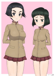 Rule 34 | 2girls, arms behind back, artist name, black eyes, black hair, blunt bangs, blunt ends, blush, bob cut, brown jacket, bukkuri, chi-hatan school uniform, closed mouth, commentary request, commission, dated, frown, girls und panzer, high collar, jacket, long sleeves, looking at viewer, miniskirt, multiple girls, nishihara yasoko, partial commentary, pink background, pixiv commission, pleated skirt, red skirt, school uniform, short hair, signature, simple background, skirt, smile, standing, uenishi chiyoko