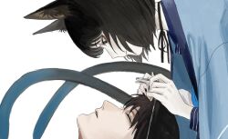 Rule 34 | 1boy, 1girl, animal ear fluff, animal ears, black choker, black eyes, black hair, blue archive, blue neckerchief, blush, cat ears, cat tail, choker, closed mouth, eyeshadow, gomibako (gomibako price), haori, highres, japanese clothes, kikyou (blue archive), long sleeves, looking at another, looking down, makeup, multiple tails, neckerchief, no halo, red eyeshadow, removing eyewear, ribbon choker, sailor collar, sensei (blue archive), short hair, simple background, tail, two tails, white background