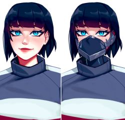 Rule 34 | 1girl, black hair, blue eyes, blunt bangs, commission, cyberpunk, highres, lips, looking at viewer, mask, mouth mask, multiple views, qtori, real life, second-party source, short hair, smile, sue lightning, suzi (the sphere hunter), suzi hunter, upper body