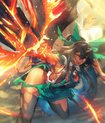 Rule 34 | 1girl, arm cannon, black hair, black thighhighs, black wings, bow, breasts, cape, collared shirt, cowboy shot, exploding clothes, female focus, green skirt, hair bow, highres, large breasts, leaning forward, long hair, looking at viewer, melon22, no bra, open mouth, red eyes, reiuji utsuho, shirt, sideboob, sketch, skirt, solo, standing, standing on one leg, thighhighs, third eye, torn clothes, torn shirt, torn skirt, torn thighhighs, touhou, weapon, white shirt, wings