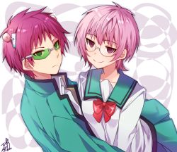 Rule 34 | 10s, 1boy, 1girl, bow, bowtie, closed mouth, collared shirt, commentary request, dual persona, genderswap, genderswap (mtf), glasses, green jacket, green skirt, hair between eyes, jacket, long sleeves, looking at viewer, omuretsu, open clothes, open jacket, pink hair, pleated skirt, purple eyes, red neckwear, saiki kusuko, saiki kusuo, saiki kusuo no psi nan, school uniform, serafuku, shirt, short hair, skirt, smile, white shirt