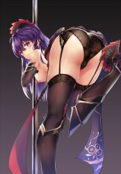 Rule 34 | 1girl, ahoge, arm belt, ass, back, bare shoulders, benghuai xueyuan, bent over, black footwear, black panties, blush, breasts, brown gloves, brown thighhighs, cowboy shot, elbow gloves, from behind, garter straps, gloves, gradient background, hair between eyes, heart, heart-shaped pupils, high heels, highres, honkai (series), knee pads, lace, lace-trimmed legwear, lace-trimmed panties, lace trim, leaning forward, leg up, long hair, looking at viewer, looking back, medium breasts, nipples, no bra, original, panties, parted lips, pole, pole dancing, purple eyes, purple hair, raiden mei, raiden mei (shadow dash), shoes, smile, solo, standing, standing on one leg, stripper pole, sweat, symbol-shaped pupils, teeth, thighhighs, underwear, zomzomzomsauce