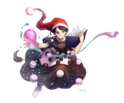 Rule 34 | 1girl, apron, black shirt, black skirt, blob, blue eyes, blue hair, book, doremy sweet, full body, hashibi rokou, hat, highres, light particles, looking to the side, matching hair/eyes, nightcap, pom pom (clothes), red hat, shirt, short sleeves, signature, simple background, skirt, smile, solo, tail, touhou, waist apron, white background, white legwear, wide sleeves