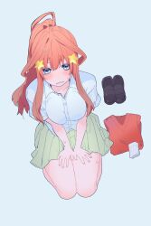 Rule 34 | 1girl, ahoge, black footwear, blue eyes, blush, boots, unworn boots, breasts, commentary, double-parted bangs, dress shirt, eyebrows hidden by hair, eyelashes, fingernails, from above, full body, go-toubun no hanayome, green skirt, hair between eyes, hair ornament, hands on own thighs, highres, hot, large breasts, light blue background, loafers, long hair, miniskirt, nakano itsuki, open mouth, own hands together, pleated skirt, rectangular mouth, red hair, red sweater vest, school uniform, seiza, shirt, shoes, short sleeves, sidelocks, simple background, sitting, skirt, socks, unworn socks, solo, star (symbol), star hair ornament, sweat, sweater vest, sweater vest removed, thighs, v arms, valentine (02140314c), white shirt, white socks
