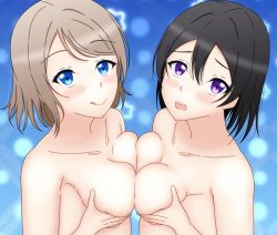Rule 34 | 10s, 2girls, black hair, blue eyes, blush, breast lift, breast press, breasts, closed mouth, cousins, grey hair, looking at viewer, love live!, love live! sunshine!!, medium breasts, medium hair, miya anko, multiple girls, nude, open mouth, purple eyes, smile, symmetrical docking, tongue, tongue out, upper body, watanabe tsuki, watanabe you