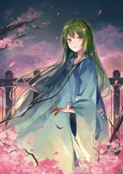 Rule 34 | 1boy, androgynous, branch, cherry blossoms, commentary request, enkidu (fate), fate/grand order, fate/strange fake, fate (series), fence, green hair, highres, jewelry, kobutakurassyu, long hair, long sleeves, looking at viewer, male focus, necklace, night, outdoors, outstretched hand, parted lips, petals, robe, solo, tree, white robe, wide sleeves, wind, yellow eyes