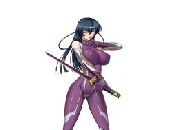 Rule 34 | 00s, 1girl, bare shoulders, black hair, black lilith, blush, bodysuit, breasts, covered erect nipples, elbow gloves, female focus, fighting stance, fishnets, game cg, gloves, green eyes, hair between eyes, igawa asagi, impossible clothes, kagami hirotaka, katana, large breasts, long hair, looking at viewer, naughty face, ninja, open mouth, outstretched arm, shiny clothes, simple background, skin tight, solo, standing, sword, taimanin (series), taimanin asagi, turtleneck, weapon