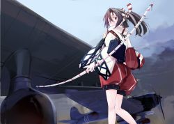 Rule 34 | 10s, 1girl, aircraft, airplane, blockhead bh, bow (weapon), brown eyes, brown hair, hachimaki, headband, japanese clothes, kantai collection, long hair, looking back, ponytail, quiver, scarf, solo, weapon, zuihou (kancolle)