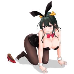 Rule 34 | 1girl, absurdres, animal ears, black hair, black leotard, black pantyhose, blush, boots, breasts, brown eyes, closed mouth, commentary request, fake animal ears, hair ribbon, hanging breasts, high heel boots, high heels, highres, jouzaburou (joe3), kantai collection, large breasts, leotard, long hair, naganami (kancolle), pantyhose, playboy bunny, ponytail, rabbit ears, red footwear, ribbon, shadow, simple background, solo, white background, yellow ribbon