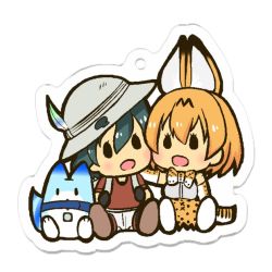Rule 34 | 10s, 2girls, animal ears, backpack, bag, black hair, blonde hair, bow, bowtie, bucket hat, chibi, elbow gloves, gloves, hair between eyes, hand on another&#039;s shoulder, hat, hat feather, kaban (kemono friends), kemono friends, looking at another, lucky beast (kemono friends), multiple girls, open mouth, red shirt, serval (kemono friends), serval print, serval tail, sgwmanga, shirt, short hair, shorts, sitting, sleeveless, sleeveless shirt, striped tail, tail