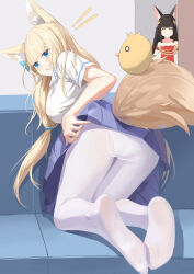 Rule 34 | 2girls, absurdres, animal ear fluff, animal ears, ass, azur lane, blonde hair, blue eyes, blue skirt, blunt bangs, blush, breasts, chinese commentary, commentary request, couch, eyes visible through hair, fang, feet, fengxue, foreshortening, fox ears, fox girl, fox tail, from behind, highres, indoors, kneeling, large breasts, legs together, long hair, looking at viewer, looking back, low-tied long hair, manjuu (azur lane), multiple girls, nagato (azur lane), niizuki (azur lane), no shoes, notice lines, on couch, open mouth, panties, panties under pantyhose, pantyhose, pleated skirt, shirt, short sleeves, skin fang, skirt, soles, solo focus, tail, underwear, very long hair, white panties, white pantyhose, white shirt