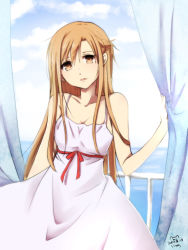 Rule 34 | 1girl, 2017, asuna (sao), blonde hair, braid, breasts, brown eyes, cleavage, collarbone, crown braid, curtains, dated, dress, hair between eyes, head tilt, kiatsu, long hair, looking at viewer, open mouth, red ribbon, rei no himo, ribbon, sleeveless, sleeveless dress, small breasts, solo, standing, sundress, sword art online, very long hair, white dress