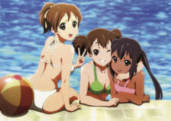 Rule 34 | 3girls, :d, ball, beachball, bikini, black hair, breasts, brown eyes, brown hair, casual one-piece swimsuit, cleavage, crossed arms, day, grin, hair ribbon, halterneck, highres, hirasawa ui, hug, k-on!, looking back, medium breasts, multiple girls, nakano azusa, non-web source, official art, one-piece swimsuit, one eye closed, open mouth, outdoors, pink eyes, pink one-piece swimsuit, ponytail, pool, poolside, reference work, ribbon, round teeth, short twintails, smile, suzuki jun, swimsuit, tan, teeth, tiles, tsuji masatoshi, twintails, v, water, wet, wink
