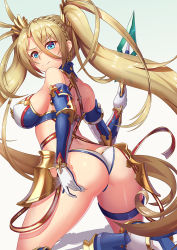 Rule 34 | 1girl, armor, ass, back, bare shoulders, bikini, blonde hair, blue bikini, blue eyes, blush, boots, bradamante (fate), bradamante (third ascension) (fate), braid, breasts, butt crack, cleavage, closed mouth, crown braid, elbow gloves, fate/grand order, fate (series), faulds, french braid, gloves, gradient background, green background, hair between eyes, hair ornament, knee boots, kneeling, long hair, looking at viewer, looking back, medium breasts, smile, solo, swimsuit, tako seijin, thigh strap, thighs, twintails, two-tone bikini, very long hair, weapon, white bikini