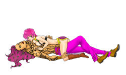 Rule 34 | 1boy, 1girl, age difference, ass, belt, boots, breasts, breasts out, diavolo, father and daughter, green eyes, hetero, holding, incest, jojo no kimyou na bouken, kiku masamune, lace, large breasts, lipstick, long hair, looking at viewer, lying, lying on person, makeup, nipples, on back, on person, pants, pink hair, shoes, short hair, simple background, size difference, skirt, spoilers, tattoo, trish una, unzipped, vento aureo, white background, wristband