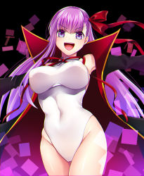 Rule 34 | 1girl, bare shoulders, bb (fate), bb (fate) (all), bb (swimsuit mooncancer) (fate), bb (swimsuit mooncancer) (third ascension) (fate), black coat, blush, breasts, chikage (blackclownery), coat, covered navel, fate/grand order, fate (series), gloves, hair ribbon, highleg, highleg leotard, highres, large breasts, leotard, long hair, looking at viewer, neck ribbon, open clothes, open coat, open mouth, popped collar, purple eyes, purple hair, red ribbon, ribbon, smile, solo, thighs, very long hair, white gloves, white leotard