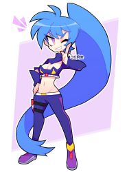 Rule 34 | 1girl, arm warmers, belt, blue hair, blue pants, blue scarf, blue shirt, breasts, cleavage, cleavage cutout, clothing cutout, grin, gun, hand on own hip, holster, long hair, looking to the side, medium breasts, midriff, navel, pants, ponytail, purple eyes, purple footwear, scarf, shirt, shoes, short sleeves, smile, sprayjea, standing, teeth, thigh strap, weapon, white background, white belt, wink