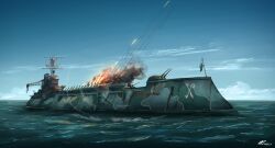 Rule 34 | absurdres, anchor, aoi waffle, battleship, blue sky, check commentary, commentary, commentary request, commission, dieselpunk, firing, flag, highres, military, military vehicle, no humans, rusty front, ship, skeb commission, sky, smoke, turret, warship, water, watercraft