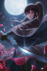 Rule 34 | 1girl, absurdres, falling petals, flower, glint, highres, holding, holding sword, holding weapon, japanese clothes, katana, kimono, long hair, long sleeves, looking at viewer, meoyo, moon, night, night sky, novel illustration, official art, original, petals, ponytail, red eyes, red flower, red hair, reverse grip, sidelocks, sky, solo, sword, weapon, wide sleeves, wind