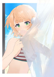 Rule 34 | 1girl, bikini, blonde hair, blue sky, blunt bangs, blush, breasts, cloud, cloudy sky, commentary, covering own mouth, cowboy shot, curtains, day, green eyes, hair ornament, hand over own mouth, highres, hinata (hinata-ur), indie virtual youtuber, looking at viewer, midriff, pom pom (clothes), pom pom hair ornament, red bikini, shigure ui (channel), shigure ui (vtuber), short hair, sky, small breasts, solo, striped bikini, striped clothes, swimsuit, upper body, virtual youtuber
