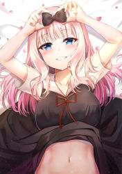 Rule 34 | 1girl, absurdres, arms up, bare arms, bed sheet, black bow, black dress, blue eyes, blurry, blush, bow, breasts, clothes lift, collarbone, collared dress, commentary request, depth of field, dress, dress lift, fujiwara chika, grin, hair bow, highres, holding, kaguya-sama wa kokurasetai ~tensai-tachi no renai zunousen~, korean commentary, large breasts, light particles, long hair, looking at viewer, lying, navel, on back, petals, pink hair, red neckwear, school uniform, short sleeves, shuuchiin academy school uniform, sidelocks, smile, solo, stomach, sunhyun, teeth, upper body