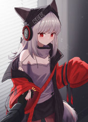Rule 34 | 1girl, animal ears, arknights, bare shoulders, black headwear, black skirt, blush, breasts, cleavage, cowboy shot, fox ears, fox tail, frostleaf (arknights), grey hair, grey shirt, highres, indoors, jacket, long hair, long sleeves, looking at viewer, material growth, miniskirt, nail polish, off-shoulder shirt, off shoulder, open clothes, open jacket, oripathy lesion (arknights), pantyhose, red eyes, red jacket, red nails, shironekoban, shirt, skirt, solo, standing, tail, window blinds