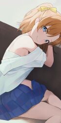 Rule 34 | 1girl, blue eyes, blue skirt, bow, bra, closed mouth, commentary request, eyes visible through hair, hair bow, highres, hiroki (yyqw7151), kosaka honoka, looking at viewer, love live!, love live! school idol project, orange hair, shirt, short hair, short sleeves, side ponytail, sitting, skirt, smile, solo, thighs, underwear, white bra, white shirt, yellow bow