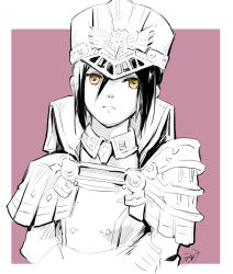 Rule 34 | 1girl, armor, brown eyes, closed mouth, hair between eyes, hat, jacket, morag ladair (xenoblade), pauldrons, peaked cap, pink background, shoulder armor, solo, two-tone background, upper body, uyumizyunco, white background, xenoblade chronicles (series), xenoblade chronicles 2
