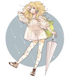 Rule 34 | 1girl, alternate costume, backpack, bag, blonde hair, blue eyes, blush, full body, gambier bay (kancolle), kantai collection, leggings, long hair, open mouth, pantyhose, see-through, shakemi (sake mgmgmg), shirt, shoes, shorts, simple background, sneakers, solo, star (symbol), star print, twintails, umbrella, white footwear, white leggings, white pantyhose, white shirt, white shorts