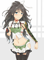 Rule 34 | 10s, 1girl, angry, armor, asymmetric gloves, asymmetrical gloves, black hair, black thighhighs, blue eyes, blush, camouflage, choker, clenched hands, clenched teeth, collarbone, commentary request, esuto, eyebrows, female focus, fingerless gloves, flight deck, gloves, groin, hair ribbon, highres, kantai collection, katsuragi (kancolle), legs together, long hair, looking at viewer, machinery, midriff, pleated skirt, ponytail, remodel (kantai collection), ribbon, simple background, single glove, skirt, solo, standing, sweatdrop, teeth, thighhighs, uneven gloves, white background, zettai ryouiki