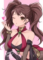 Rule 34 | 1girl, banned artist, bare shoulders, blowing kiss, breasts, bridal gauntlets, brooch, brown eyes, brown hair, commentary request, cosplay, dorothea arnault, dorothea arnault (cosplay), earrings, elbow gloves, fire emblem, fire emblem: three houses, fire emblem heroes, gloves, heart, highres, jewelry, kujikawa rise, leaning forward, long hair, looking at viewer, medium breasts, midriff, nintendo, one eye closed, persona, persona 4, shimizu akina, solo, twintails, upper body