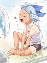 Rule 34 | 1girl, alternate costume, asutora, bare shoulders, between legs, bike shorts, blue bow, blue eyes, bow, casual, child, cirno, closed eyes, electric fan, fan speaking, forehead, full body, hair bow, hand between legs, hidden star in four seasons, highres, on floor, open mouth, shirt tan, short hair, shorts tan, sitting, solo, tan, tank top, tanline, tanned cirno, tatami, touhou