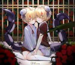 Rule 34 | 2boys, absurdres, ahoge, amiu, blonde hair, blush, flower, holding hands, highres, looking at viewer, male focus, multiple boys, original, rose, scorpion tail, siblings, slit pupils, tail, twins, yellow eyes