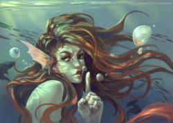 Rule 34 | 1girl, bubble, finger to mouth, green eyes, hammerhead shark, hung wan yu, lips, looking at viewer, mermaid, monster girl, red hair, shark, solo, underwater