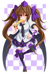 Rule 34 | 1girl, black thighhighs, black wings, bow, breasts, brown hair, cellphone, checkered background, checkered clothes, checkered skirt, covering own mouth, eichi yuu, feathered wings, full body, geta, hair bow, hair ribbon, hand on own hip, hat, himekaidou hatate, holding, long hair, looking at viewer, necktie, phone, red eyes, ribbon, skirt, solo, standing, standing on one leg, thighhighs, tokin hat, touhou, twintails, very long hair, wings, zettai ryouiki