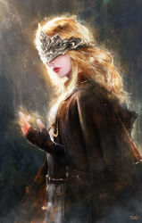 Rule 34 | 1girl, armor, black cape, black dress, black gloves, blindfold, blonde hair, cape, capelet, closed mouth, commentary, covered eyes, dark souls (series), dark souls iii, dress, english commentary, facing viewer, fingerless gloves, fire keeper, from side, gloves, glowing, highres, jewelry, lips, long hair, mask, necklace, razaras, red lips, signature, solo, upper body