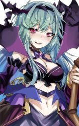 Rule 34 | 1girl, aqua hair, blush, breasts, cannon, chaos aurora (grimms notes), cleavage, grimms notes, holding, holding weapon, long hair, looking at viewer, medium breasts, midriff, navel, open mouth, red eyes, shimo (depthbomb), smile, solo, upper body, weapon, white background