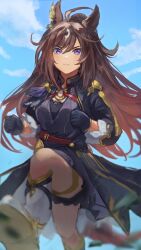 Rule 34 | 1girl, absurdres, ahoge, animal ears, black gloves, black jacket, black shorts, blue sky, blurry, blurry foreground, brown hair, clenched hands, closed mouth, commentary request, duramente (umamusume), ear ornament, gloves, hair between eyes, highres, horse ears, horse girl, horse tail, jacket, long hair, long sleeves, looking at viewer, multicolored hair, open clothes, open jacket, outdoors, running, shorts, sky, solo, streaked hair, tail, thigh strap, umamusume, very long hair, white footwear, white hair, yoshiaki (yosiaki ml)