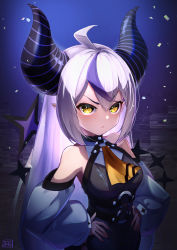 Rule 34 | 1girl, absurdres, ahoge, ascot, bare shoulders, black dress, closed mouth, commentary, demon horns, detached sleeves, dress, hands on own hips, highres, hololive, horns, la+ darknesss, long hair, long sleeves, looking at viewer, multicolored hair, nemu iine, pointy ears, purple hair, silver hair, sleeveless, sleeveless dress, solo, streaked hair, tail, tail raised, v-shaped eyebrows, very long hair, virtual youtuber, yellow ascot, yellow eyes