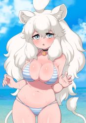 Rule 34 | 1girl, :o, animal ear fluff, animal ears, bell, big hair, bikini, breasts, cat girl, choker, cleavage, day, eyes visible through hair, gluteal fold, hair between eyes, hands up, highres, kemono friends, large breasts, lion ears, lion girl, lion tail, long hair, looking at viewer, navel, neck bell, ocean, open mouth, outdoors, ransusan, skindentation, solo, stomach, striped bikini, striped clothes, sweat, swimsuit, tail, water, white hair, white lion (kemono friends)