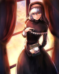 Rule 34 | 1girl, absurdres, black dress, blue eyes, book, cloud, cloudy sky, cross, cross necklace, curtains, dress, grey hair, hand on own chest, highres, holding, holding book, indoors, jewelry, konno junko, light particles, light rays, long hair, looking at viewer, necklace, nun, open mouth, puru (ex-150), sky, solo, window, zombie land saga